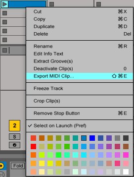 Right click on a MIDI Clip to access the "Export MIDI Clip..." option from the context menu. export midi.png