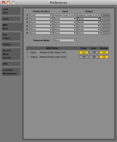 Configuration of Push's Control Surface & User Ports PushMIDIPref(OSX).png