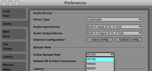 Live's Audio Preferences tab is where the used Sample Rate can be set. samplerate