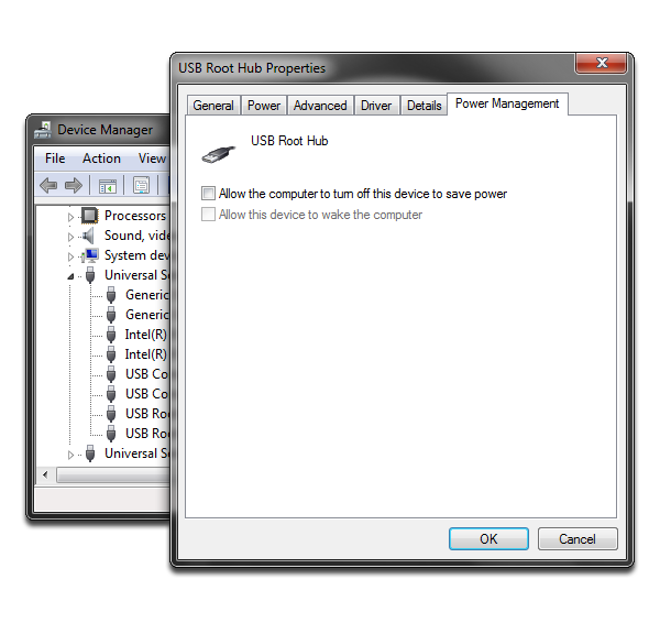 Make sure 'Allow the computer to turn off this device to save power' is unticked. usbpower.png