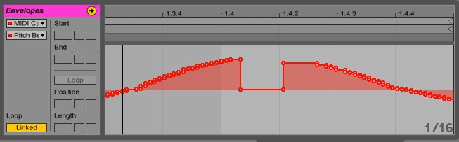 A MIDI Clip containing a Pitch Bend automaiton: note that the Clip does not end with the Pitch Bend set to zero. PBend-01.png