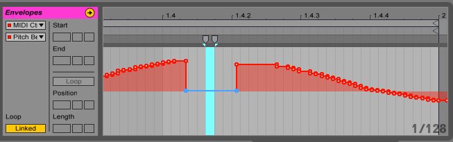 Making a tiny selection in the Pitch Bend automation envelope where the value is set to "0". P-Bend Copy.png
