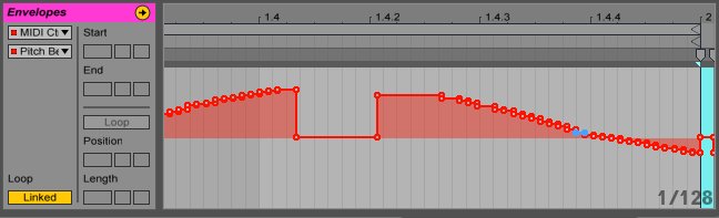 Pasting the previously copied selection at the very end of the MIDI Clip, so that it will end with a Pitch Bend value of "0". P-Bend Paste.png