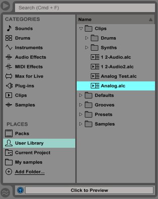After selecting a Clip, you can preview it without loading it into your Live Set. clip preview.png