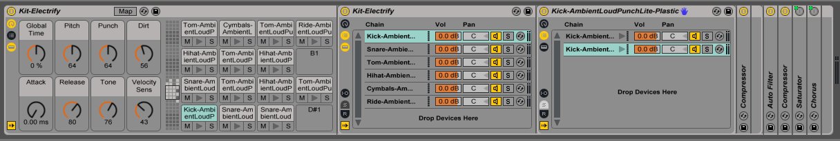 The "Kit-Electrify" Drum Rack contains nested Drum Racks NestedDrumRacks.png