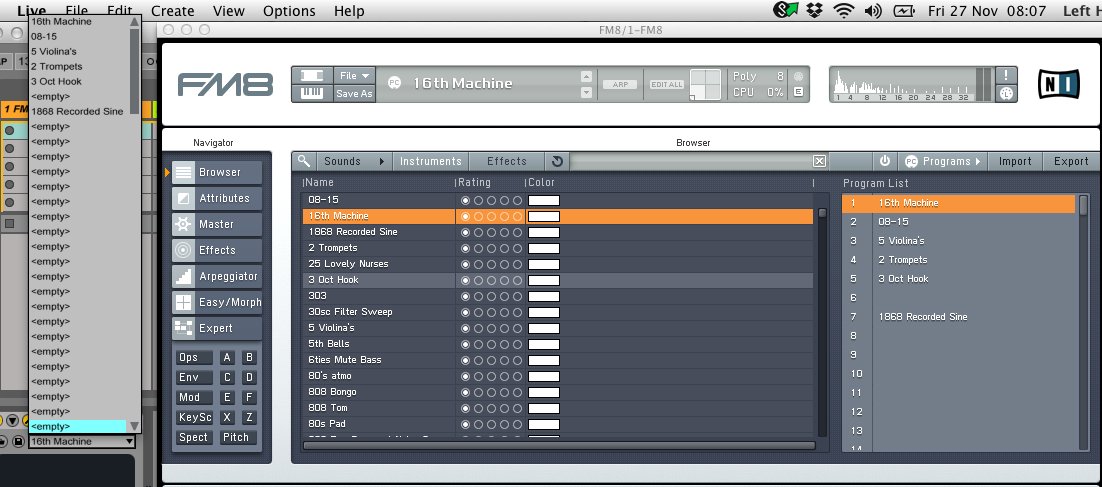 In FM8, presets can be exposed to Live by adding them to the PC program bank. FM8.png